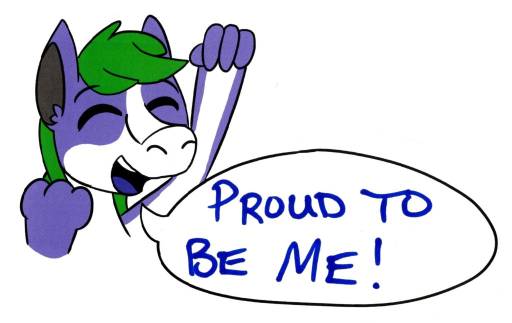 Tanby, the group mascot, a purple alien creature with green hair, pumps their fist in an excited cheer!