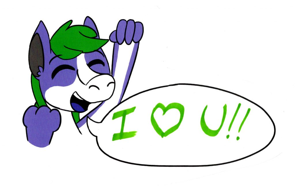 Tanby, the group mascot, a purple alien creature with green hair, pumps their fist in an excited cheer!