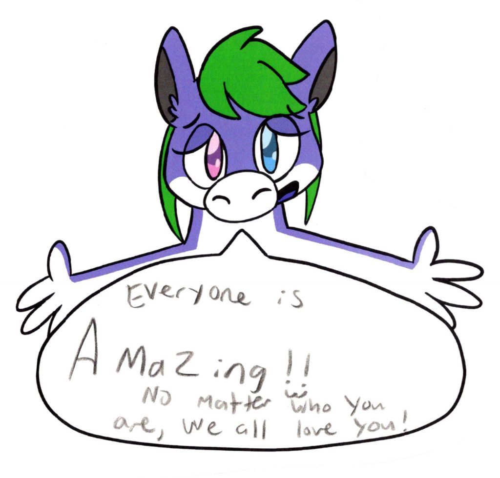 Tanby, the group mascot, a purple alien creature with green hair, offers a caring hug.